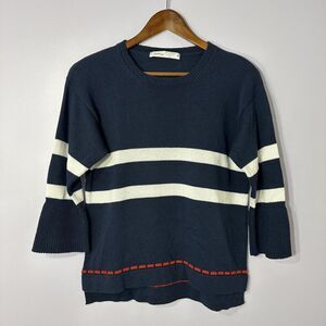 Skovhuus Blue Crew Neck Pullover Striped Sweater Quarter Sleeve Women Medium